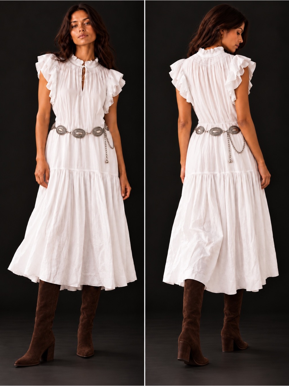 Anthropologie White Ruffled Midi Dress with Smocked Neckline